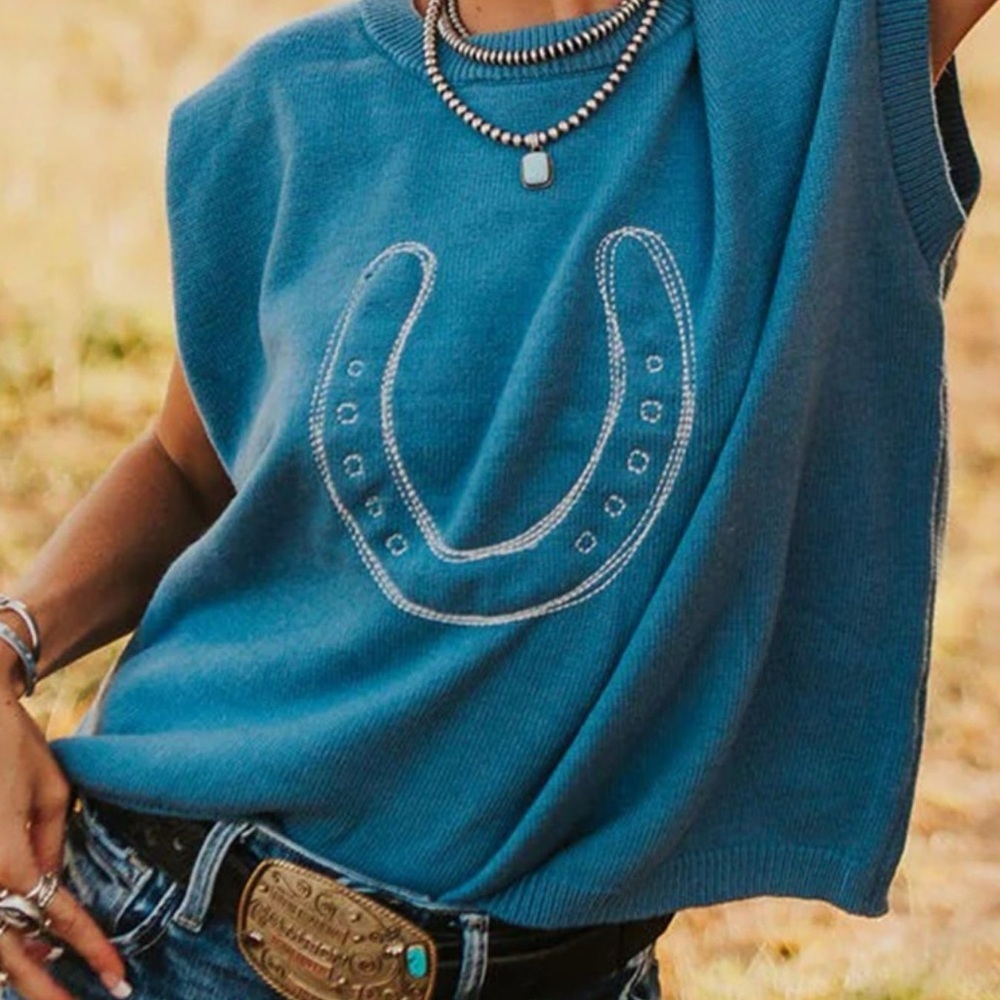 Blue Sleeveless Top with Horseshoe Design